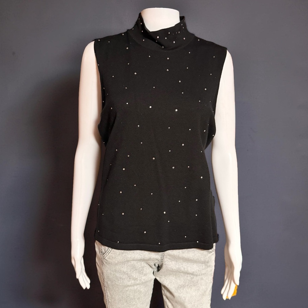 Josephine Chaus Black Sleeveless Mock Neck Top Rhinestone Detail XL